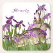 Custom Bunny Rabbit Lila Iris Floral Rechteckiger Pappuntersetzer (Vorderseite)