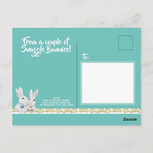 Custom Bunny Rabbit Xmas Strumpf Blau Niedliches P Postkarte (Rückseite)