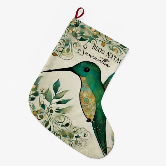 Custom Buon Natale Italian Green Hummingbird Großer Weihnachtsstrumpf (Vorderansicht (hängend))