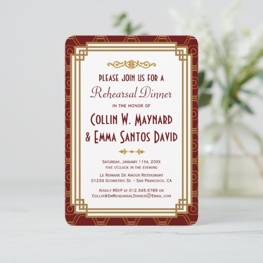 Custom Burgund Art Deco Probe Dinner Einladung (Stehend Vorderseite)