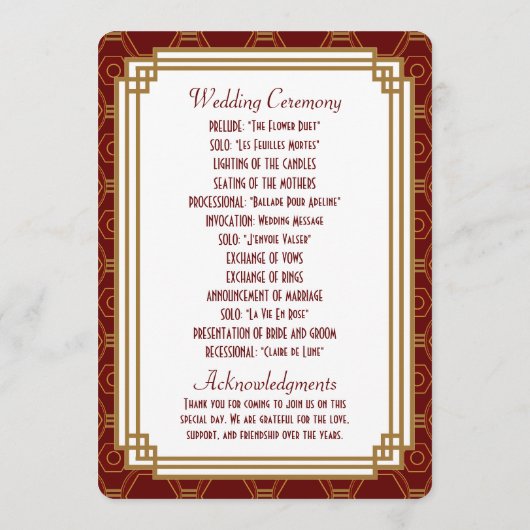 Custom Burgundy Art Deco Hochzeitsprogramme Programm (Rückseite)