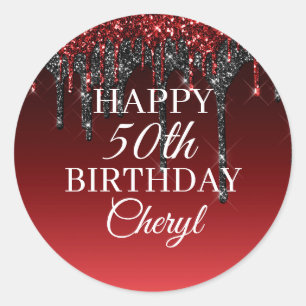 Custom Burgundy Black Glitzer Tropfen Happy Birthd Runder Aufkleber