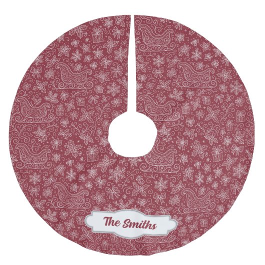 Custom Burgundy Doodle Weihnachts-Schlitten-Muster Polyester Weihnachtsbaumdecke (Vorderseite)