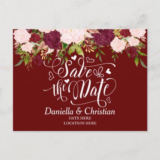Custom Burgundy Floral Save the Date Ankündigungspostkarte (Vorderseite)