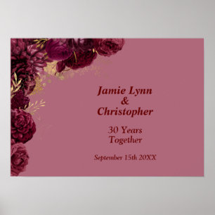 Custom Burgundy Floral Wedding Anniversary Poster