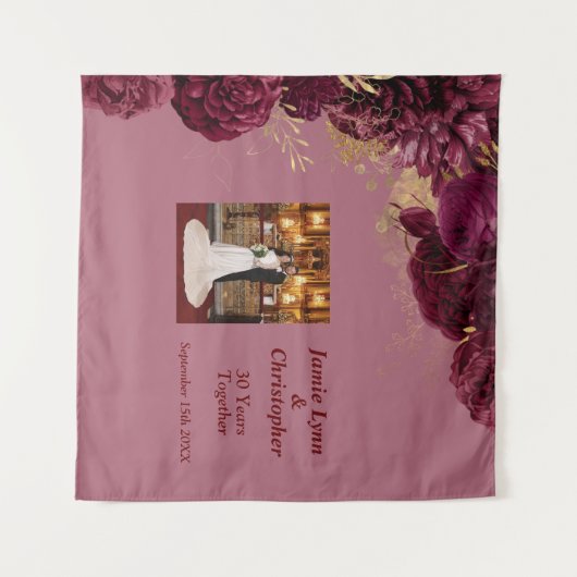 Custom Burgundy Floral Wedding Jubiläum Wandteppich (Vorderseite (Horizontal))