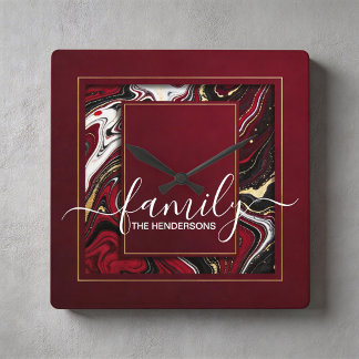 custom burgundy gold marble quadratische wanduhr