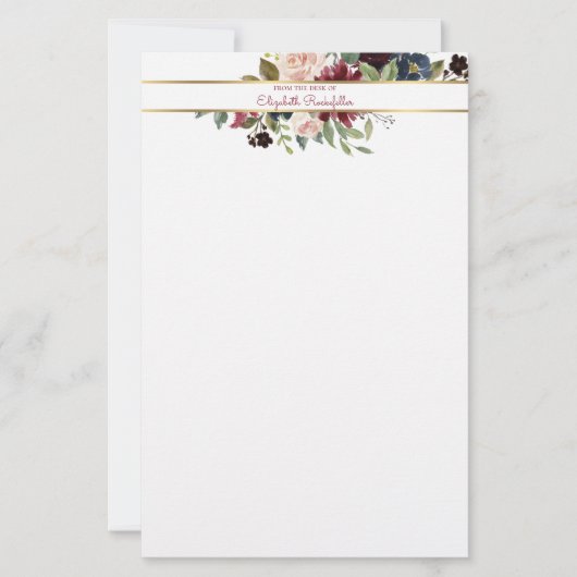 Custom Burgundy Navy Gold Boho Floral Bouquet Briefpapier (Vorderseite)
