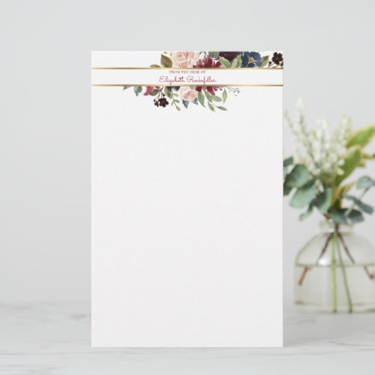 Custom Burgundy Navy Gold Boho Floral Bouquet Briefpapier (Stehend Vorderseite)