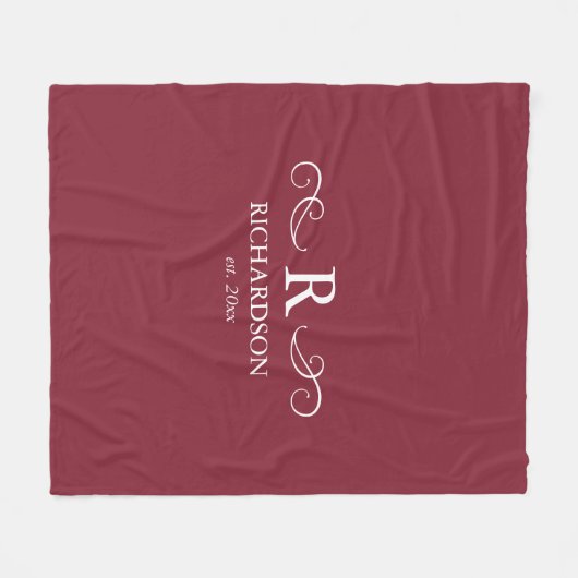 Custom Burgundy Red Monogram Fleecedecke (Vorderseite (Horizontal))