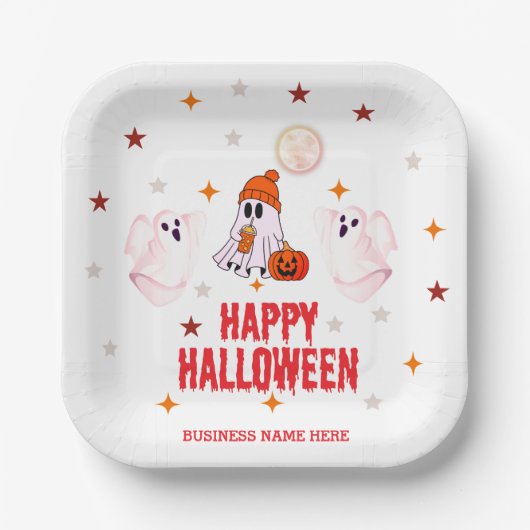 Custom Business Name, Text & Ghost Halloween Pappteller (Vorderseite)