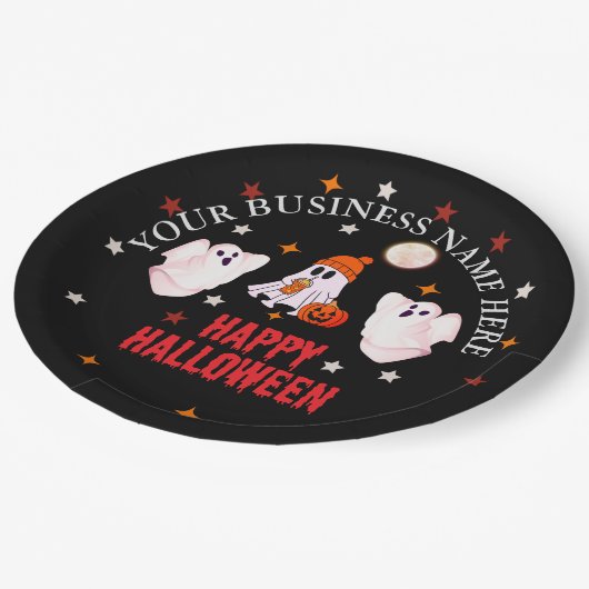 Custom Business Name, Text & Ghost Halloween Pappteller (Schrägansicht)