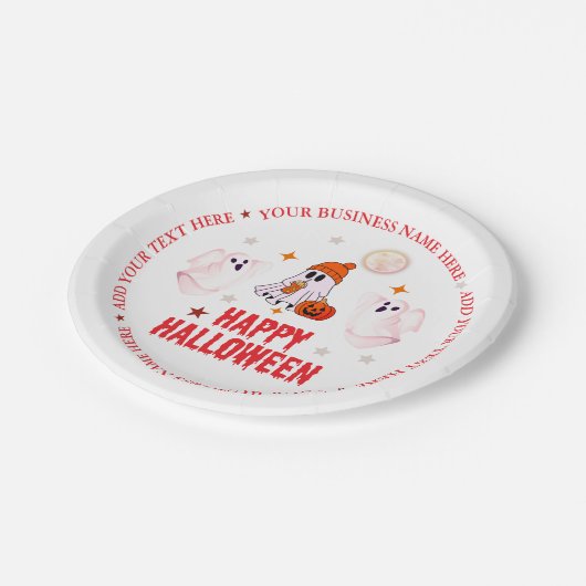 Custom Business Name, Text & Ghost Halloween Pappteller (Schrägansicht)