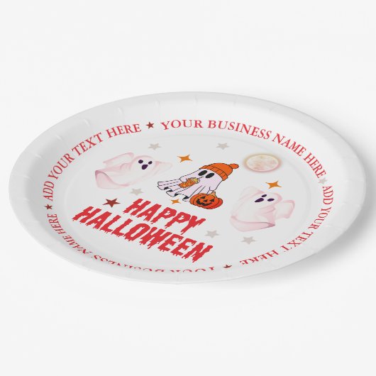 Custom Business Name, Text & Ghost Halloween Pappteller (Schrägansicht)