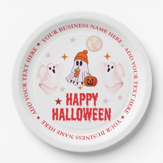 Custom Business Name, Text & Ghost Halloween Pappteller (Vorderseite)