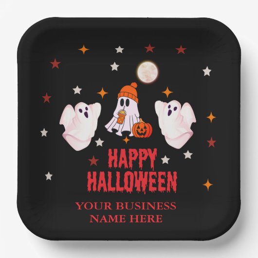 Custom Business Name, Text & Ghost Halloween Pappteller (Vorderseite)
