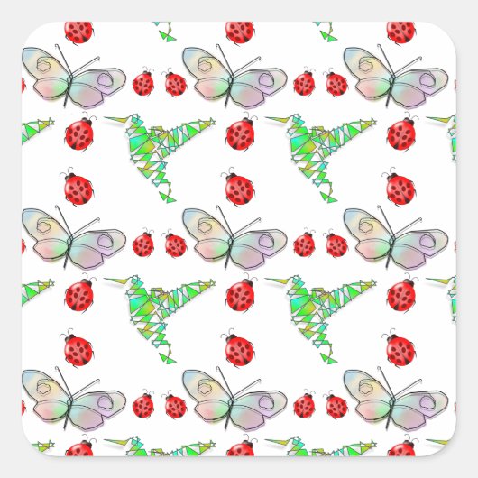 Custom Butterfly, Hummingbird und Ladybug Pattern Quadratischer Aufkleber (Vorderseite)