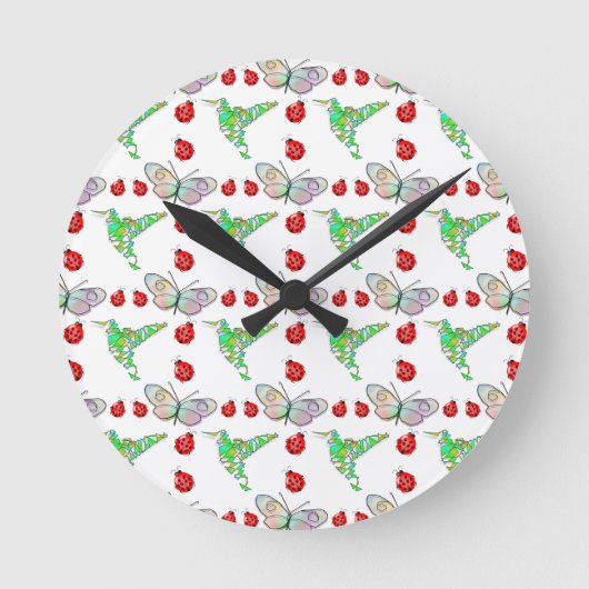 Custom Butterfly, Hummingbird und Ladybug Pattern Runde Wanduhr (Vorderseite)