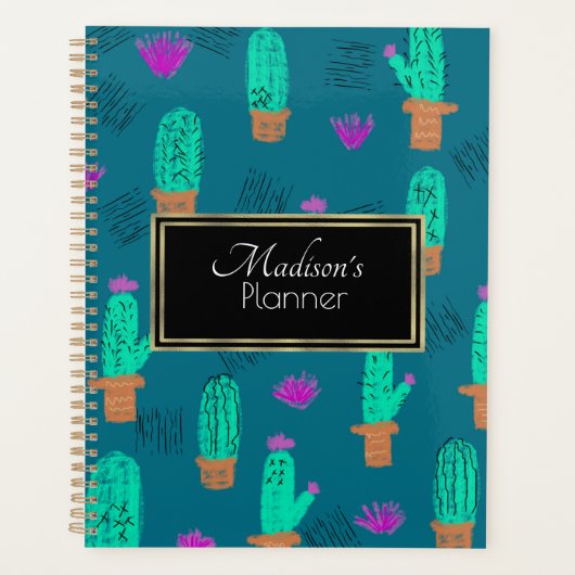 Custom Cactus Doodle Name Gold Planer (Vorderseite)