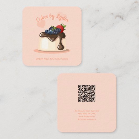 Custom Cake Bakery Business Card with QR Code Quadratische Visitenkarte (Vorne/Hinten)
