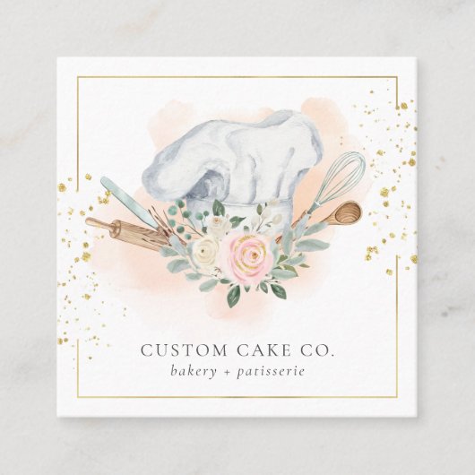 Custom Cakes Bakery Koch Hat Tools Business Card Quadratische Visitenkarte (Vorderseite)