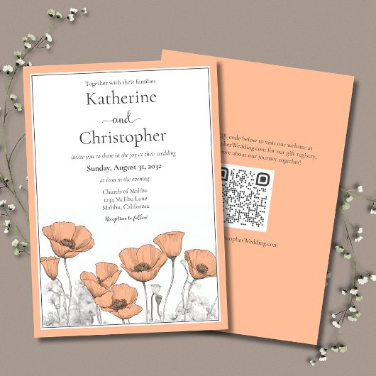 Custom California Poppy Peach Floral Wedding Einladung