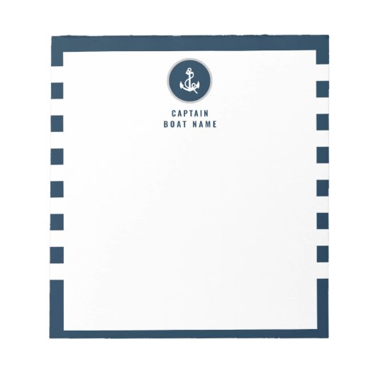 Custom Captain Boat Nautical Anchor Navy Stripes Notizblock (Vorderseite)