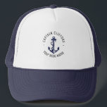 Custom Captain Name Boot Nautical Anchavy Truckerkappe<br><div class="desc">Custom Captain Name Boot Nautical Anchor Navy Trucker Hat</div>