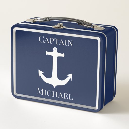 Custom Captain Name Nautical Navy Anchor Metall Brotdose (Vorderseite)