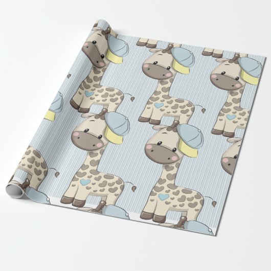 Custom Cartoon Baby Boy Giraffe Wrapping Paper Geschenkpapier (Ungerollt)