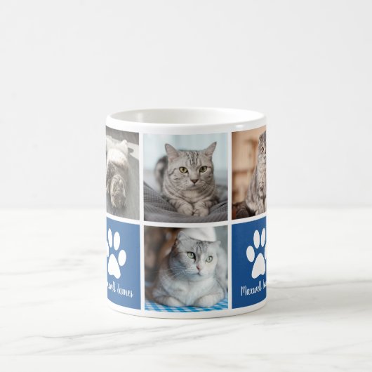 Custom Cat Foto Collage Blue Paw Print Niedlich Kaffeetasse (Mittel)