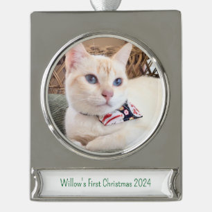 Custom Cat Foto Erste Weihnachtsfeier 2024 Ornamen Banner-Ornament Silber