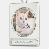 Custom Cat Foto Erste Weihnachtsfeier 2024 Ornamen Banner-Ornament Silber (Links)