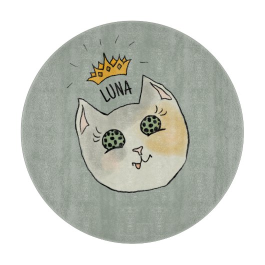 Custom Cat Name Art - Chubby White Cat with Crown Schneidebrett (Vorderseite)