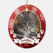 Custom Cat Pet Foto Paw Prints Red Christmas Keramik Ornament (Links)