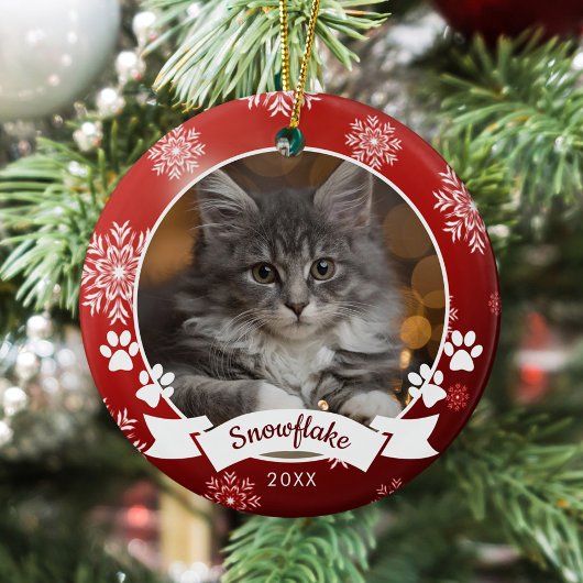 Custom Cat Pet Foto Paw Prints Red Christmas Keramik Ornament