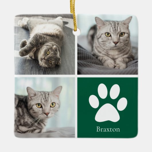 Custom Cat Photo Collage Cute Green Christmas Keramikornament (Vorderseite)