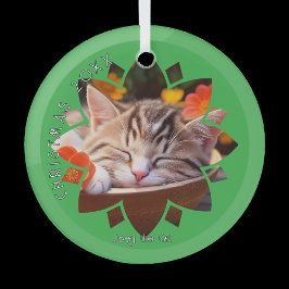 Custom Cat Photo Framed in Flower on Green  Ornament Aus Glas