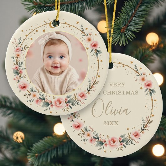 Custom Celestial Starry Baby First Christmas Photo Keramik Ornament