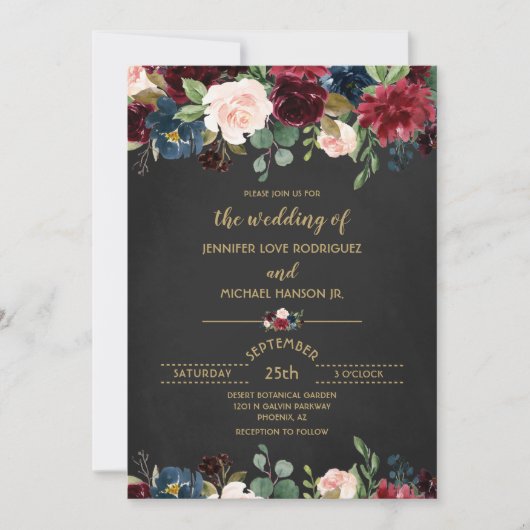Custom Chalkboard Floral Burgundy Navy Hochzeit Einladung (Vorderseite)