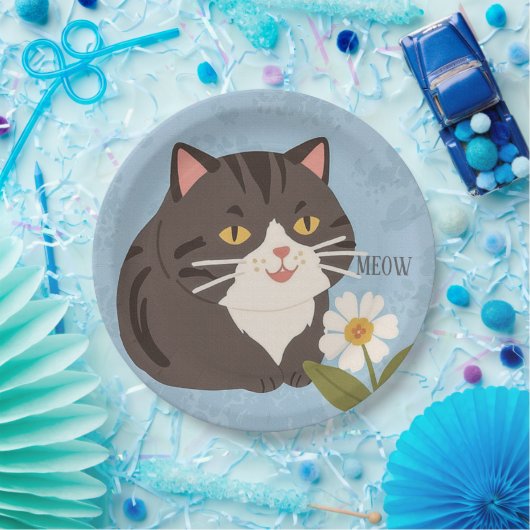 Custom Charming Cute Gray Cat & Chamomile FLower Pappteller (Party)