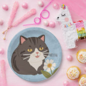 Custom Charming Cute Gray Cat & Chamomile FLower Pappteller (Party)