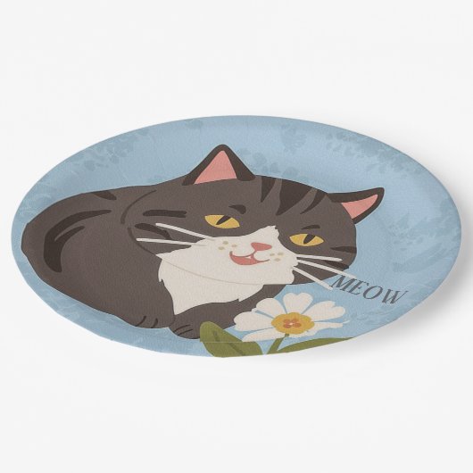 Custom Charming Cute Gray Cat & Chamomile FLower Pappteller (Schrägansicht)