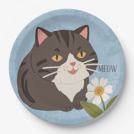Custom Charming Cute Gray Cat & Chamomile FLower Pappteller (Vorderseite)