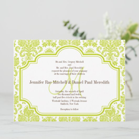 Custom Chartreuse Damask Wedding Einladungen (Stehend Vorderseite)