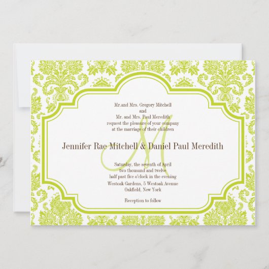 Custom Chartreuse Damask Wedding Einladungen (Vorderseite)