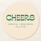 Custom Cheers Green Art Deco Chic Moderne Hochzeit Runder Pappuntersetzer (Vorderseite)