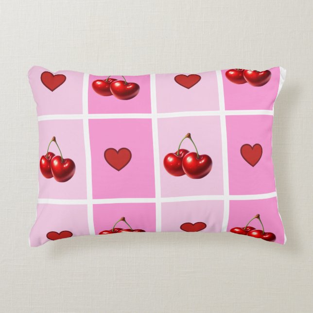 Custom Cherry Heart Checkerboard Pattern Dekokissen (Vorderseite)