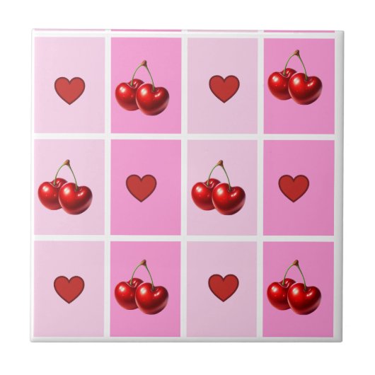 Custom Cherry Heart Checkerboard Pattern Fliese (Vorderseite)
