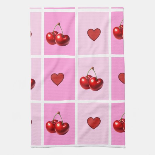 Custom Cherry Heart Checkerboard Pattern Geschirrtuch (Vertikal)